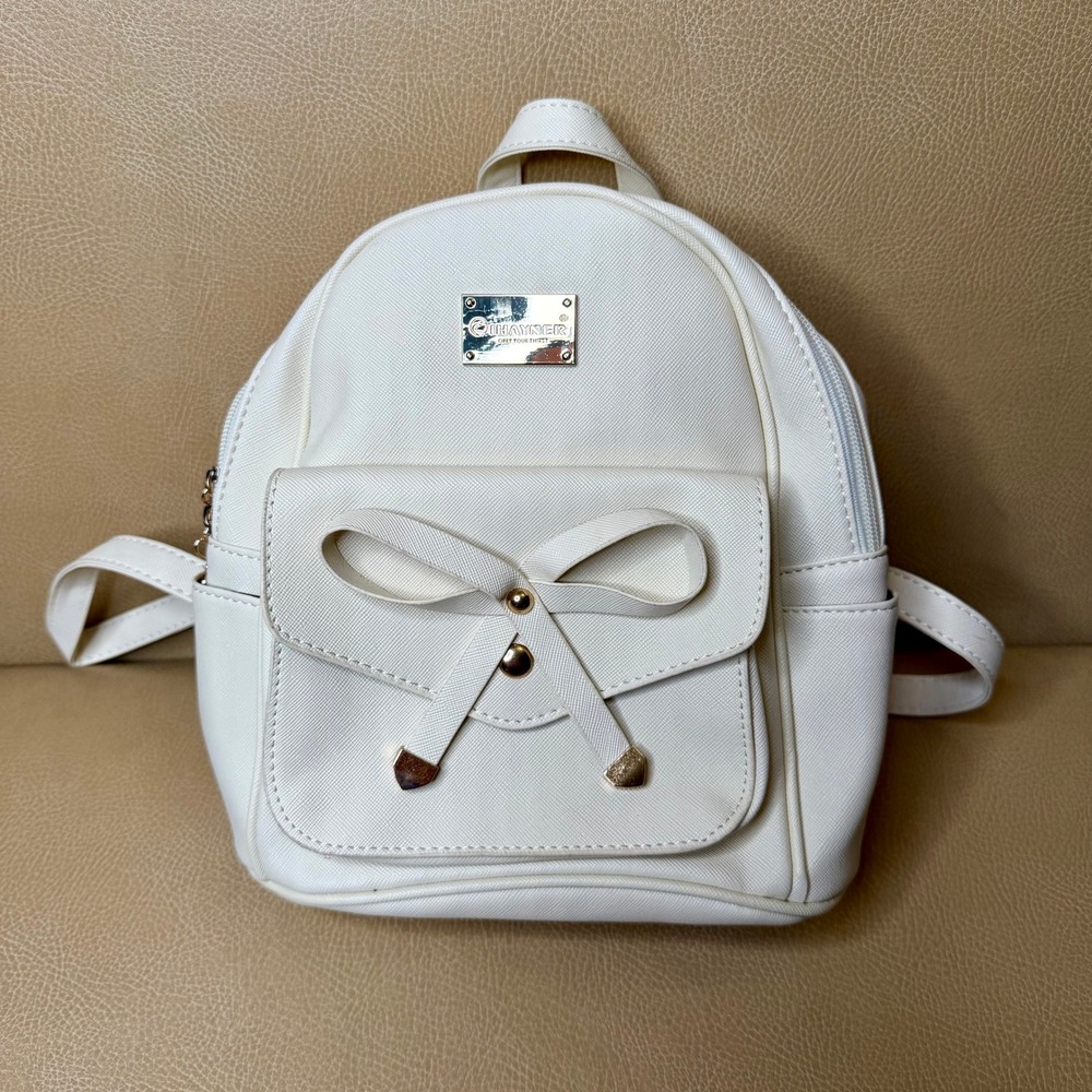 Ihayner White Saffiano Faux Leather Mini Backpack Bow Detail‎ Gold Tone Hardware